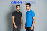 Two men wearing black and blue active t-shirts against a gray background.
