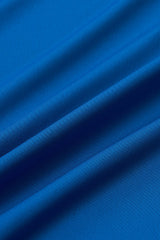 Macro close-up shot of the premium blended polyester-spandex material in blue color used for activewear.