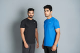 Two men wearing black and blue active t-shirts against a gray background