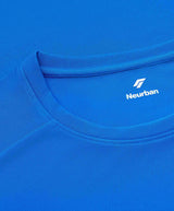 A blue activewear tee made of recycled-polyester and spandex highlighting the stitch quality details.